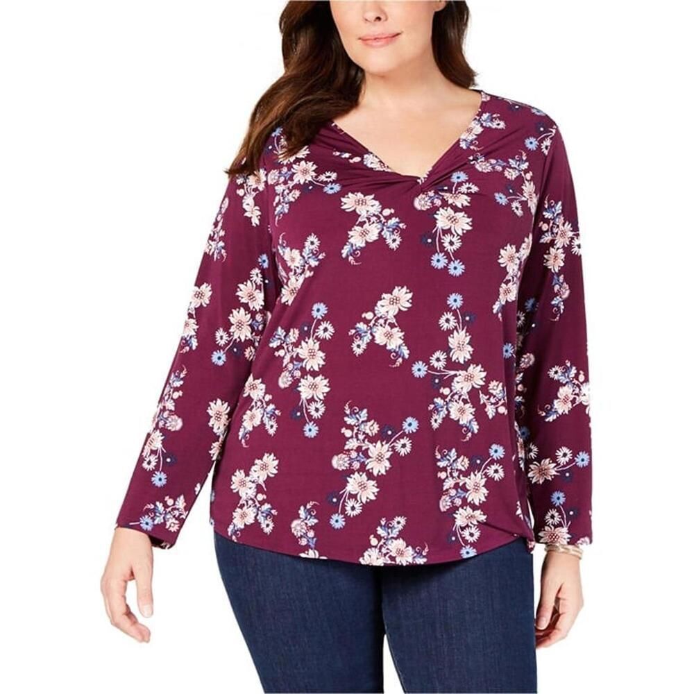 Style & Co twist neckline wine purple floral long sleeve top. Size 2x. NWT